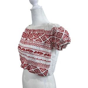 Altered State Women Crop Top Small White Red Embroidered Boat Neck hippie Boho‎
